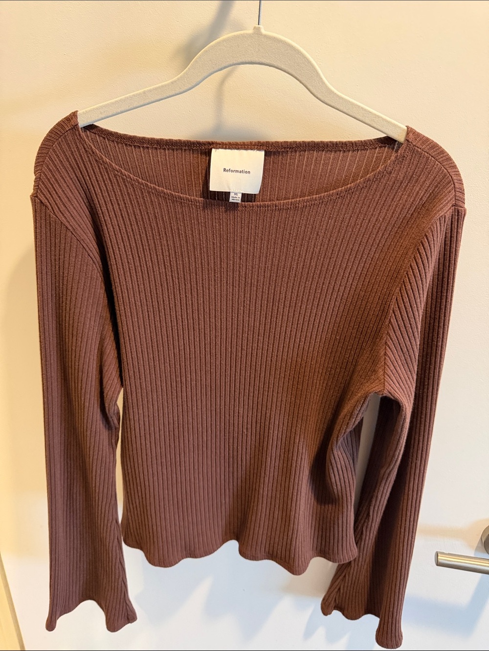 Reformation Ribbed Chocolate Long-Sleeve Boatneck Top